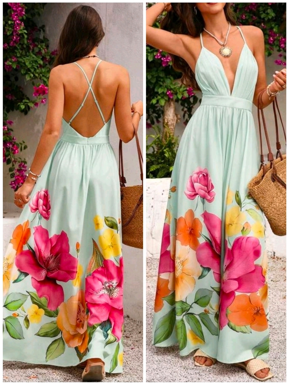 New Flowy Boho Floral Print Maxi Dress Halter Long Green Pink Yellow Orange